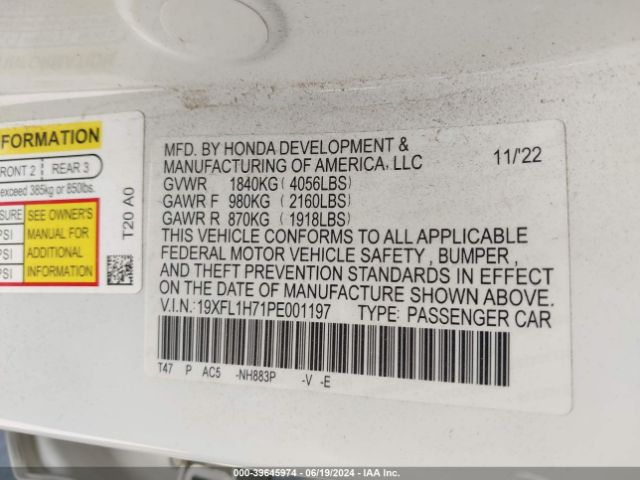 19XFL1H71PE001197 Honda Civic Ex-l /ex-l W/o Bsi