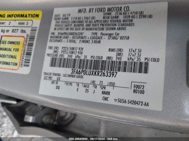 3FA6P0LUXKR263397 Ford Fusion Hybrid Se