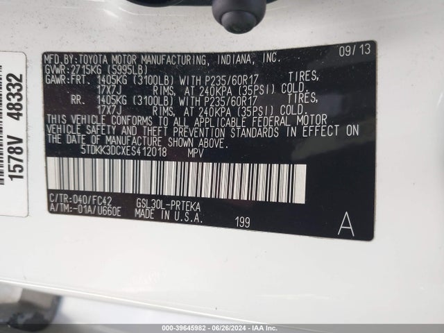 Toyota Sienna Le V6 8 Passenger 2014 5TDKK3DCXES412018 Image 9