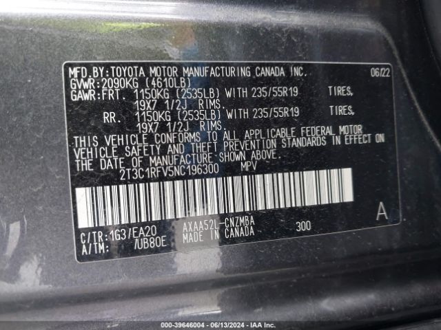 2T3C1RFV5NC196300 Toyota Rav4 Xle Premium