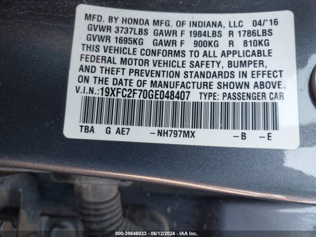 Honda CIVIC EX 2016 19XFC2F70GE048407 Image 9
