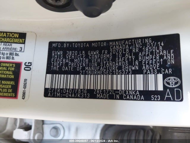 Toyota COROLLA LE 2014 2T1BURHE5EC105373 Image 9