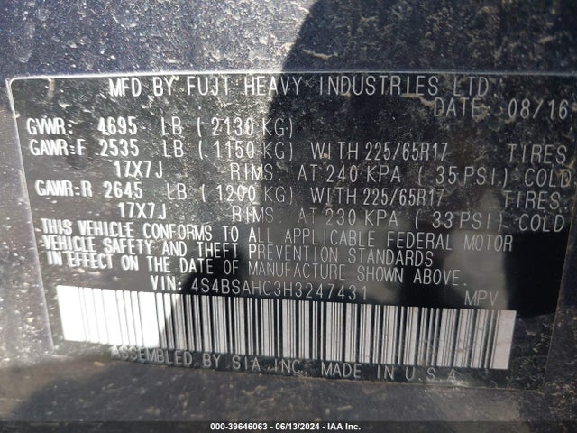 Subaru Outback 2.5i Premium 2017 4S4BSAHC3H3247431 Image 9