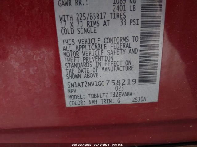 5N1AT2MV1GC758219 Nissan ROGUE SV