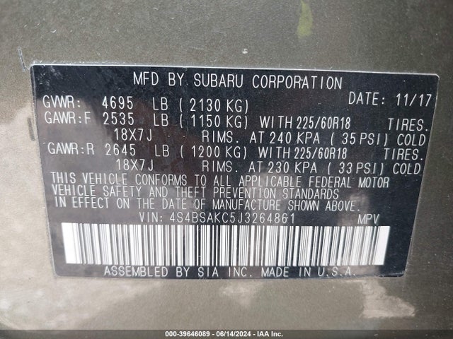 4S4BSAKC5J3264861 Subaru Outback 2.5i Limited