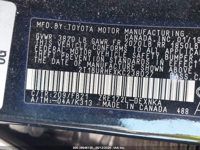 Toyota COROLLA LE 2019 2T1BURHEXKC238027 Image 9