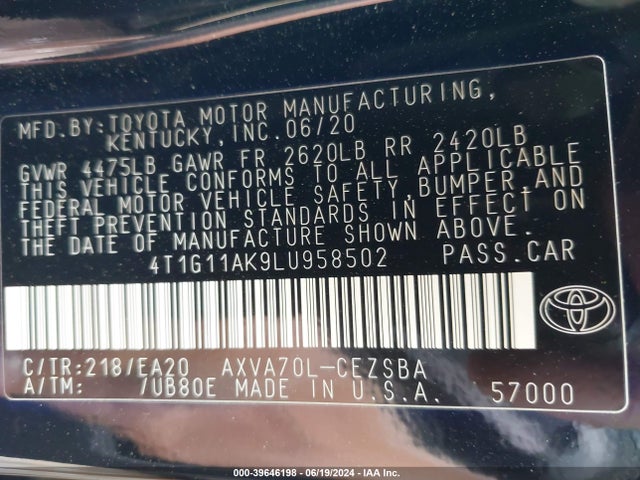 Toyota CAMRY SE 2020 4T1G11AK9LU958502 Image 9