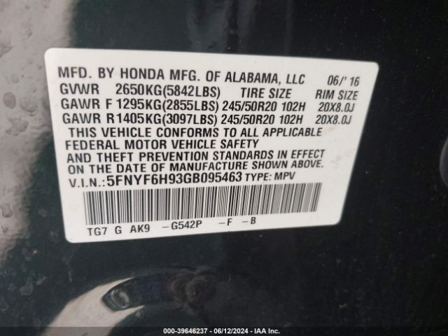 5FNYF6H93GB095463 Honda Pilot Touring