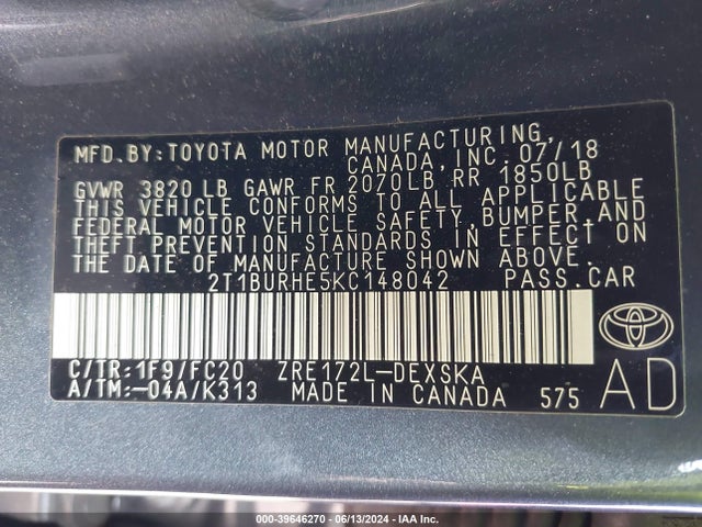 Toyota COROLLA SE 2019 2T1BURHE5KC148042 Image 9