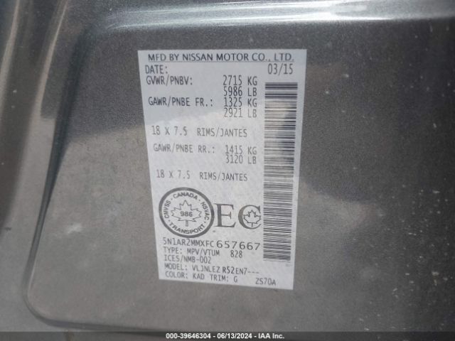 5N1AR2MMXFC657667 Nissan Pathfinder Platinum/s/sl/sv