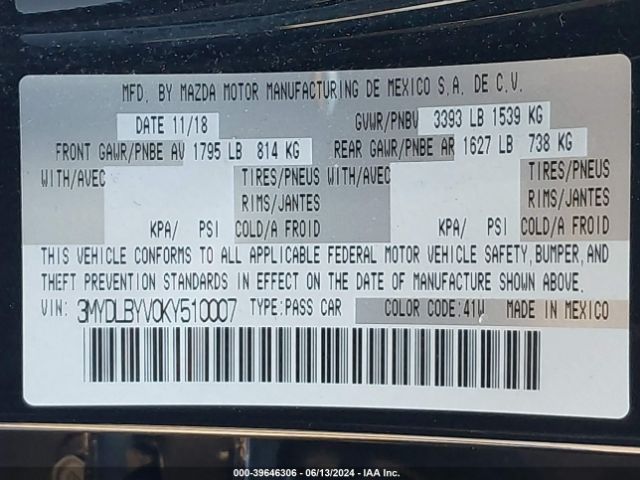 3MYDLBYV0KY510007 Toyota YARIS LE