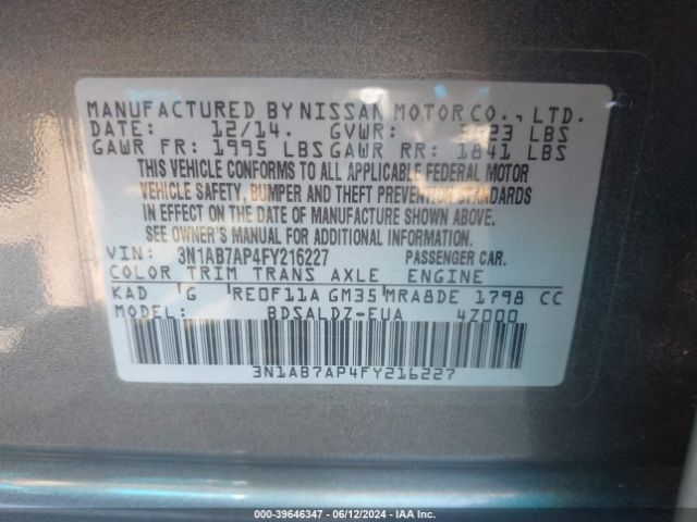 3N1AB7AP4FY216227 Nissan Sentra Fe+ S/s/sl/sr/sv