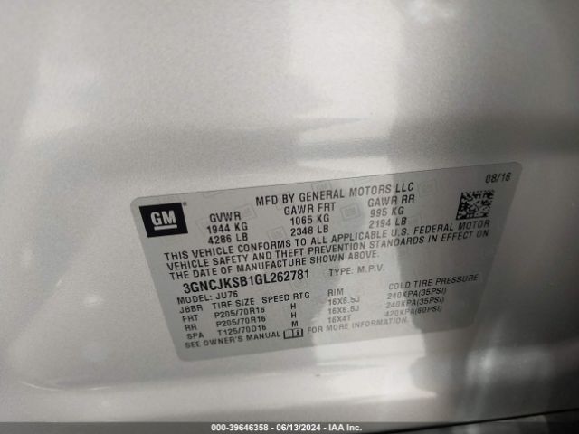 3GNCJKSB1GL262781 Chevrolet Trax 1ls
