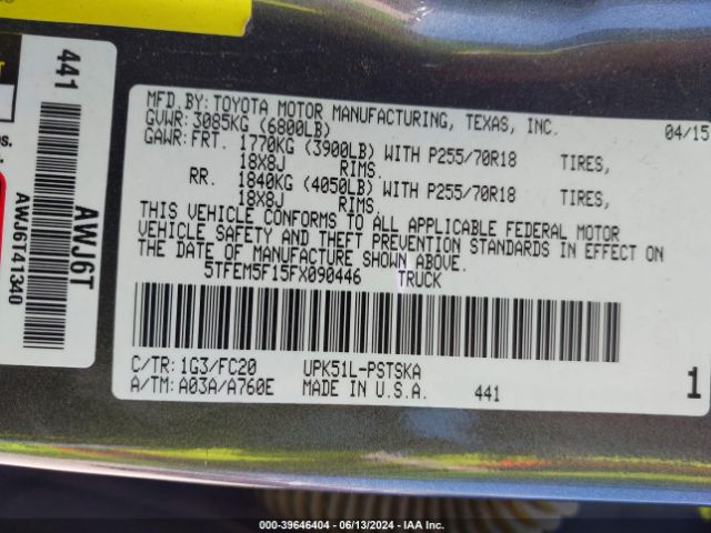 5TFEM5F15FX090446 Toyota Tundra Sr5 4.6l V8