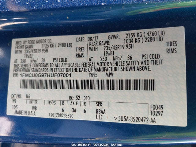 Ford ESCAPE SE 2017 1FMCU0G97HUF07001 Image 9
