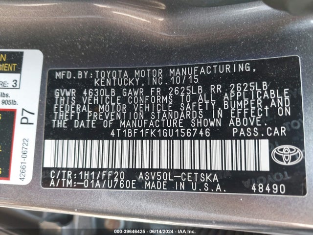 Toyota CAMRY SE 2016 4T1BF1FK1GU156746 Image 9