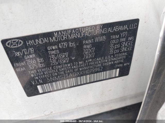 5NMS23ADXKH079962 Hyundai Santa Fe Se