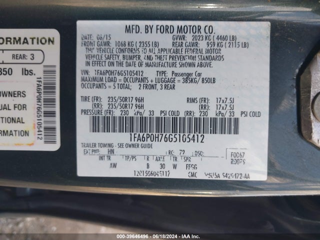 Ford FUSION SE 2016 1FA6P0H76G5105412 Image 9