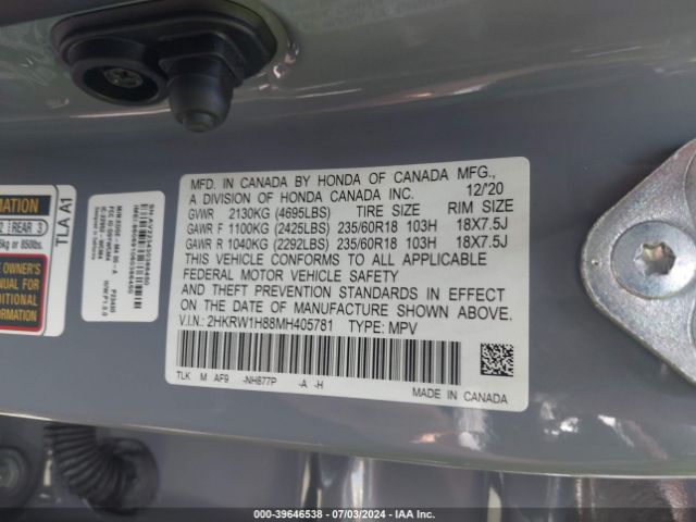 2HKRW1H88MH405781 Honda Cr-v 2wd Ex-l