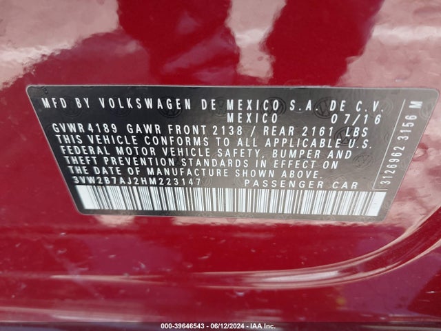 3VW2B7AJ2HM223147 Volkswagen Jetta 1.4t S
