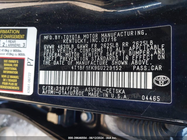 Toyota CAMRY SE 2016 4T1BF1FK9GU229152 Image 9