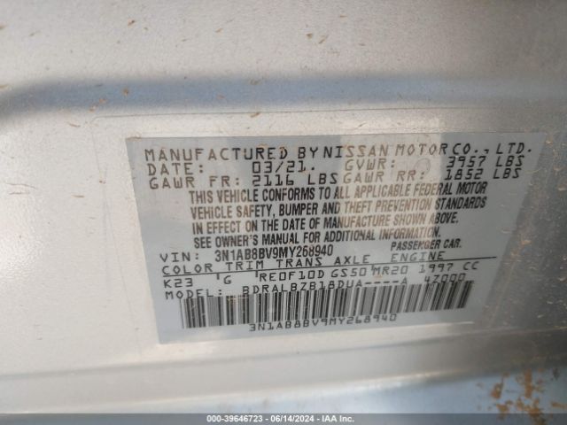 3N1AB8BV9MY268940 Nissan Sentra S Xtronic Cvt