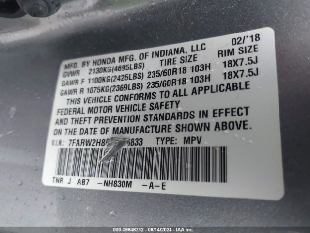 7FARW2H86JE026833 Honda Cr-v Ex-l/ex-l Navi