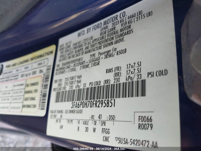 Ford FUSION SE 2015 3FA6P0H70FR295851 Image 9