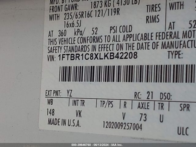 1FTBR1C8XLKB42208 Ford Transit-250 Cargo Van