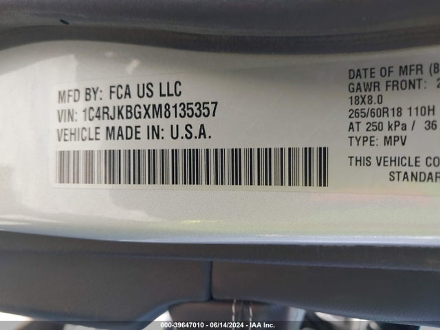 1C4RJKBGXM8135357 Jeep Grand Cherokee L Limited 4x4