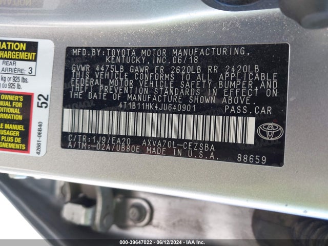 Toyota CAMRY SE 2018 4T1B11HK4JU640901 Image 9
