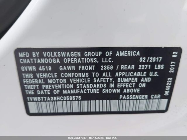 1VWBT7A38HC058575 Volkswagen Passat 1.8t Se