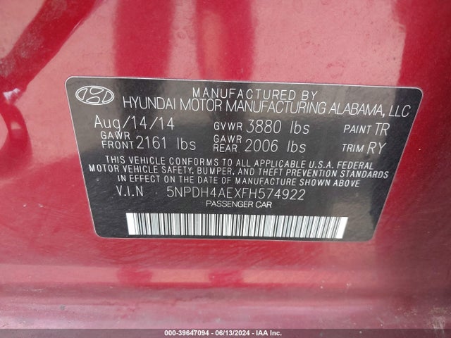 Hyundai dohc mpi nu 2015 5NPDH4AEXFH574922 Image 9