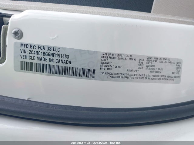 2C4RC1BG6NR191483 Chrysler Pacifica Touring L
