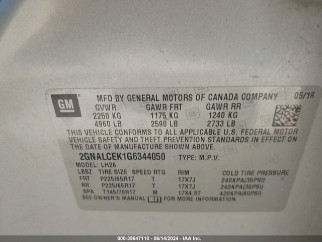 Chevrolet EQUINOX LT 2016 2GNALCEK1G6344050 Image 9