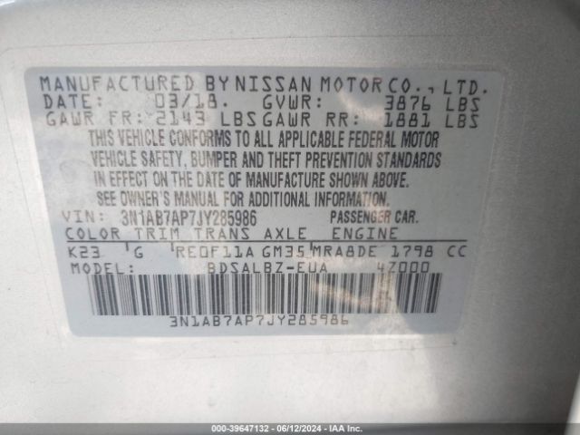 3N1AB7AP7JY285986 Nissan SENTRA S