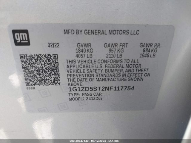 1G1ZD5ST2NF117754 Chevrolet Malibu Fwd Lt