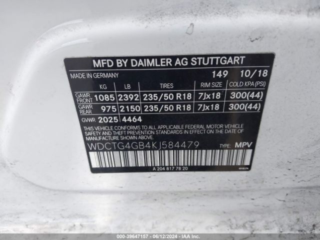 WDCTG4GB4KJ584479 Mercedes-Benz Gla 250 4matic