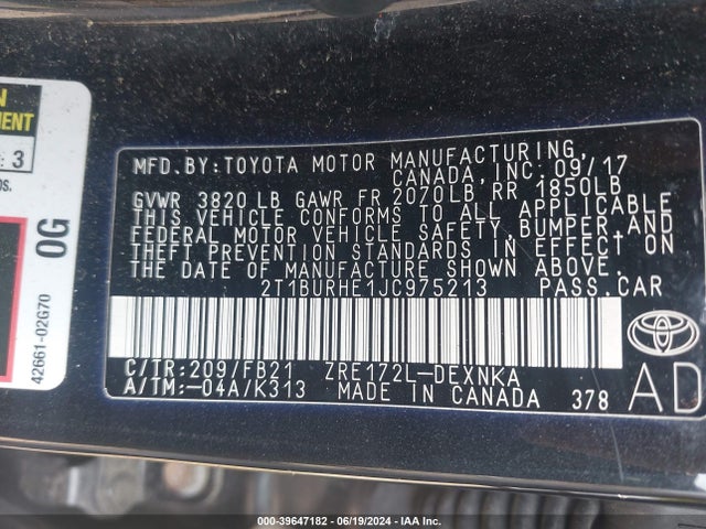 Toyota COROLLA LE 2018 2T1BURHE1JC975213 Image 9