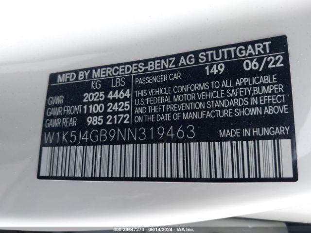 W1K5J4GB9NN319463 Mercedes-Benz Cla 250 Coupe