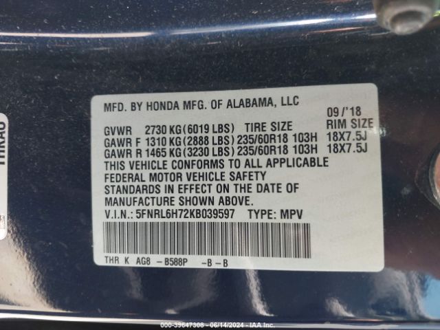 5FNRL6H72KB039597 Honda Odyssey Ex-l