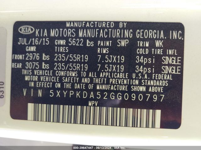 5XYPKDA52GG090797 KIA Sorento 3.3l Sxl