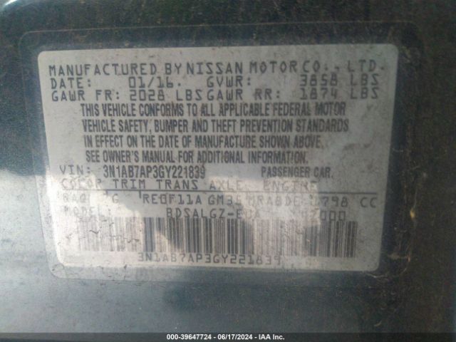 3N1AB7AP3GY221839 Nissan SENTRA SL