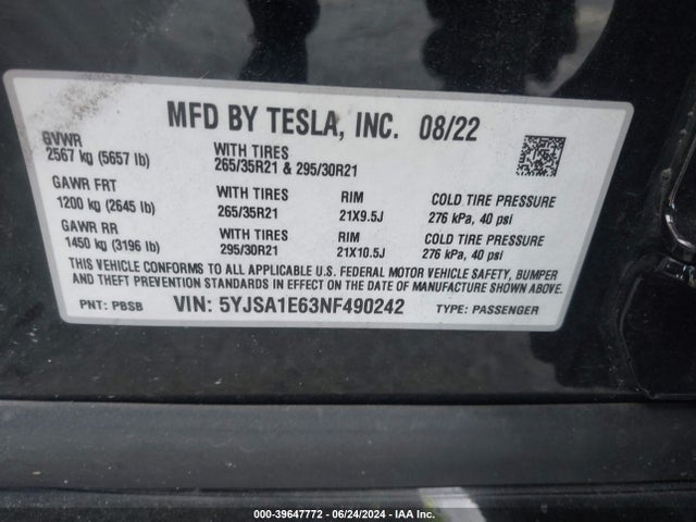 Tesla Model S Plaid 2022 5YJSA1E63NF490242 Image 9