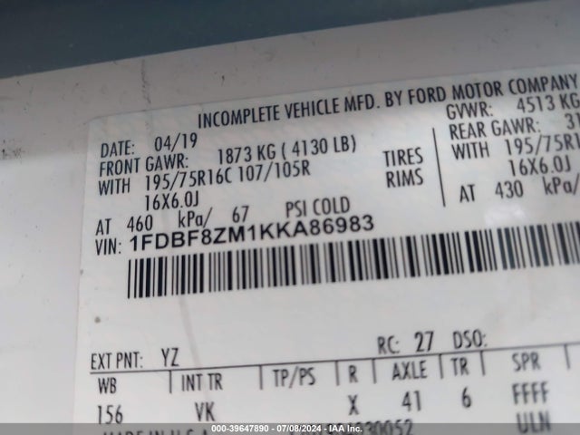 Ford Transit-350 Cab 2019 1FDBF8ZM1KKA86983 Image 9