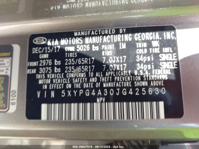 5XYPG4A30JG425630 KIA Sorento 2.4l L
