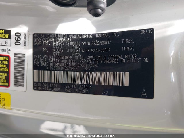 Toyota Sienna L 7 Passenger 2019 5TDZZ3DC0KS971972 Image 9