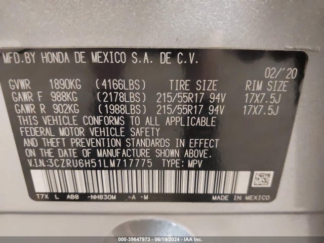 Honda Hr-v Awd Ex 2020 3CZRU6H51LM717775 Image 9