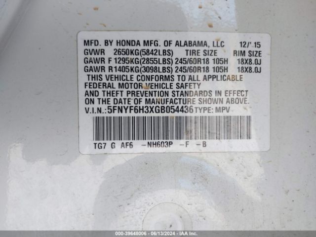 5FNYF6H3XGB054436 Honda Pilot Ex