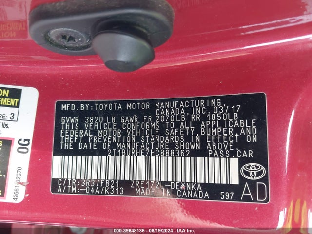 Toyota COROLLA LE 2017 2T1BURHE7HC888362 Image 9